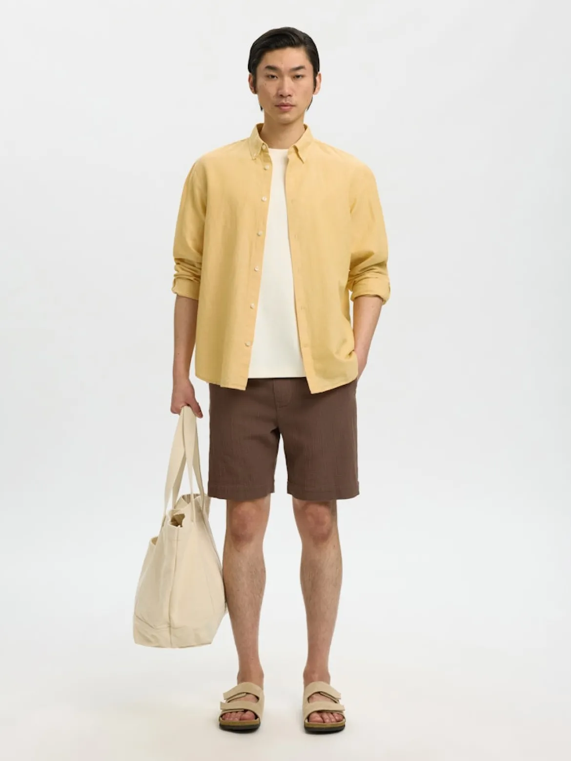 Selected miesten kauluspaita SlhRegClay Linenblend, Ochre w. White