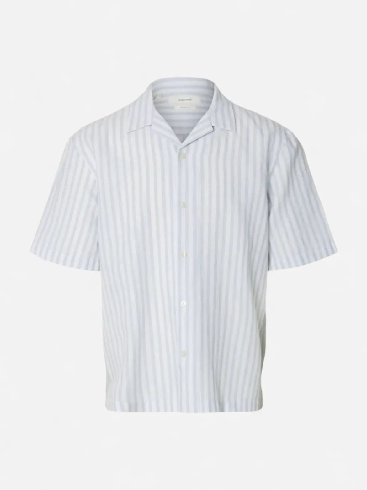 Selected miesten kauluspaita Resort Linen Blend SS Shirt K, Dusty Blue Wide White