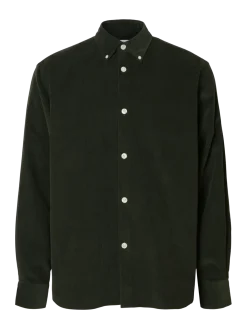 Selected Miesten Kauluspaita K REG DANNI CORD BD LS SHIRT Deep Forest