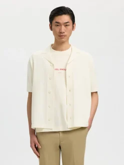 Selected miesten kauluspaita SLHAmour Intarsia Relaxed Polo Cardigan, Egret Artwork