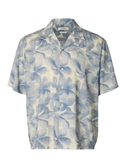 Selected miesten kauluspaita SLHRLXAir Mix Print SS Shirt, Blue Mirage Leaves