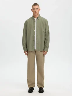 Selected miesten kauluspaita SLHREGCLAY Linenblend LS Shirt, Vetiver