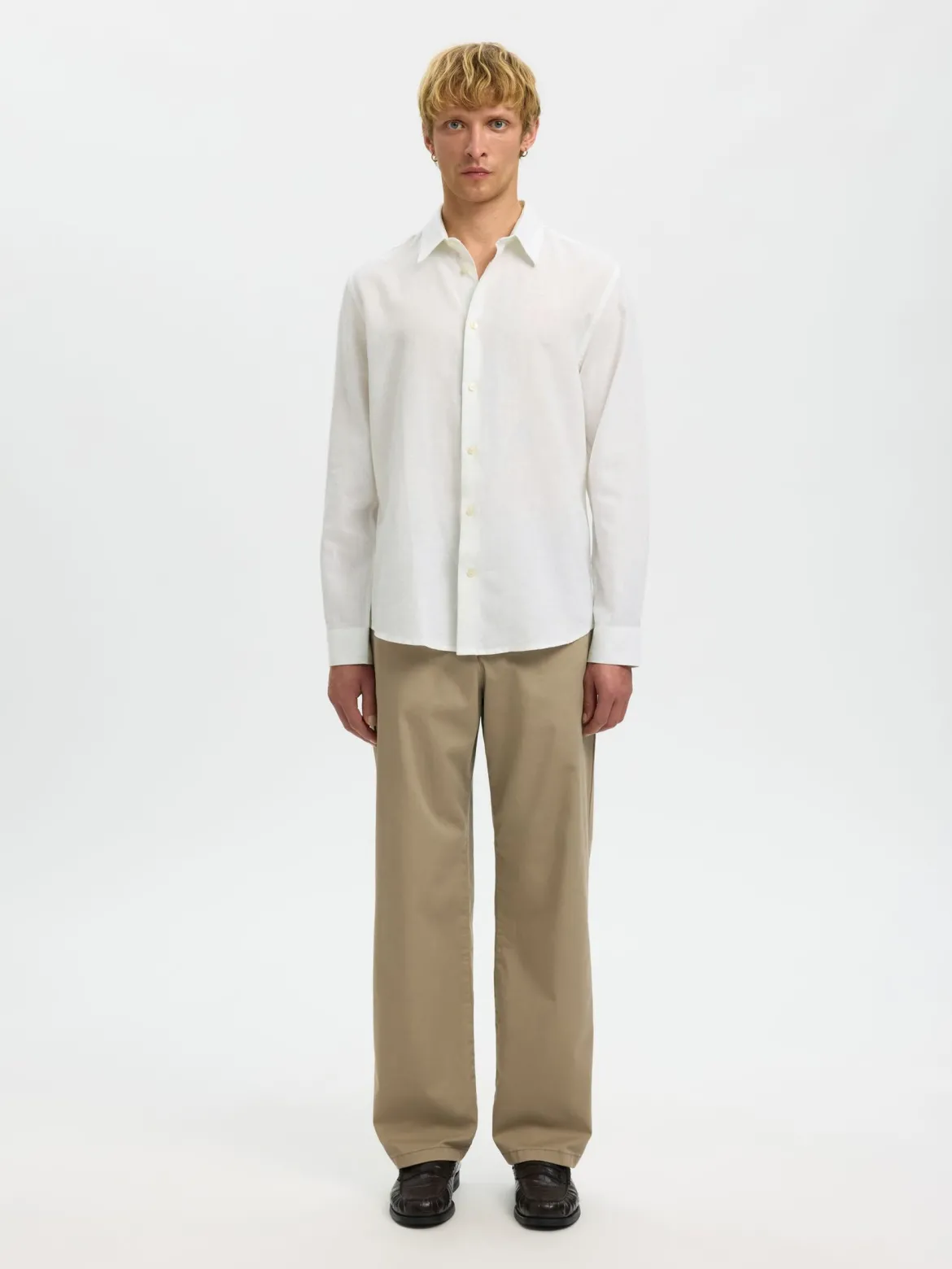 Selected miesten kauluspaita SLHREGCLAY Linenblend LS Shirt, Bright White