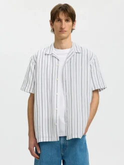 Selected miesten kauluspaita Resort Linen Blend SS Shirt K, Bright White Balsam Green