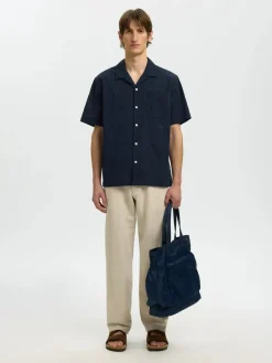 Selected miesten lyhythihainen kauluspaita Broderie SS Shirt, Sky Captain Paisley Embro