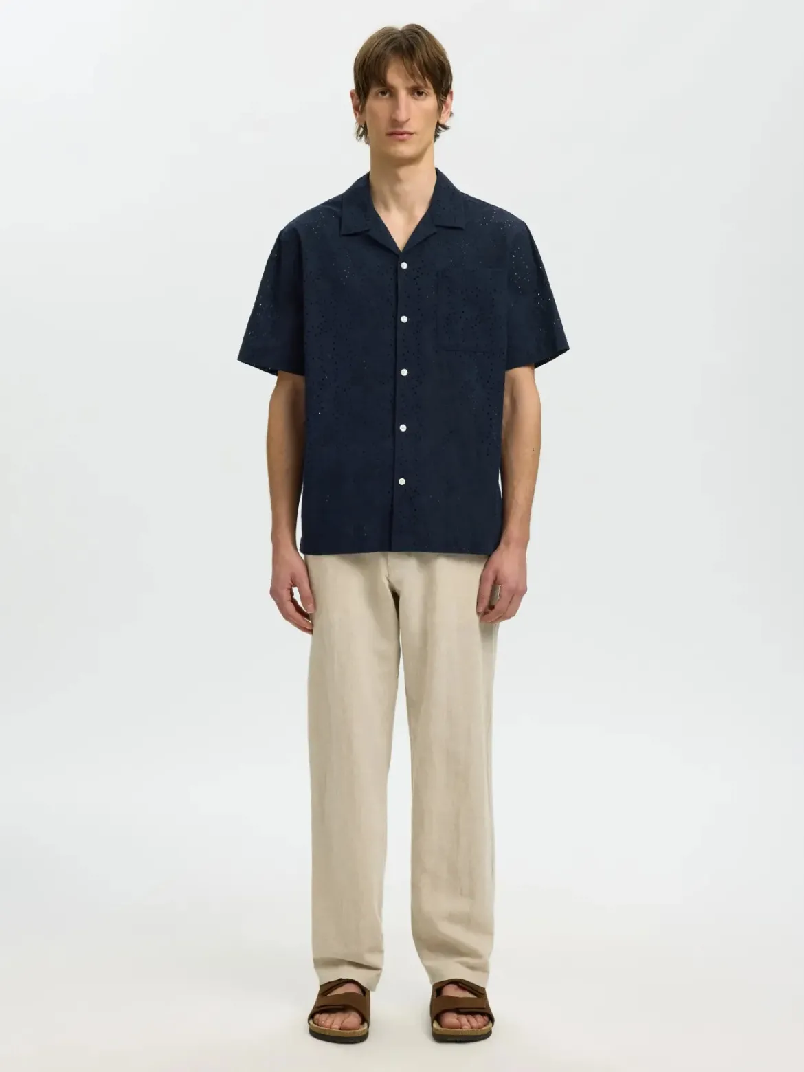 Selected miesten lyhythihainen kauluspaita Broderie SS Shirt, Sky Captain Paisley Embro