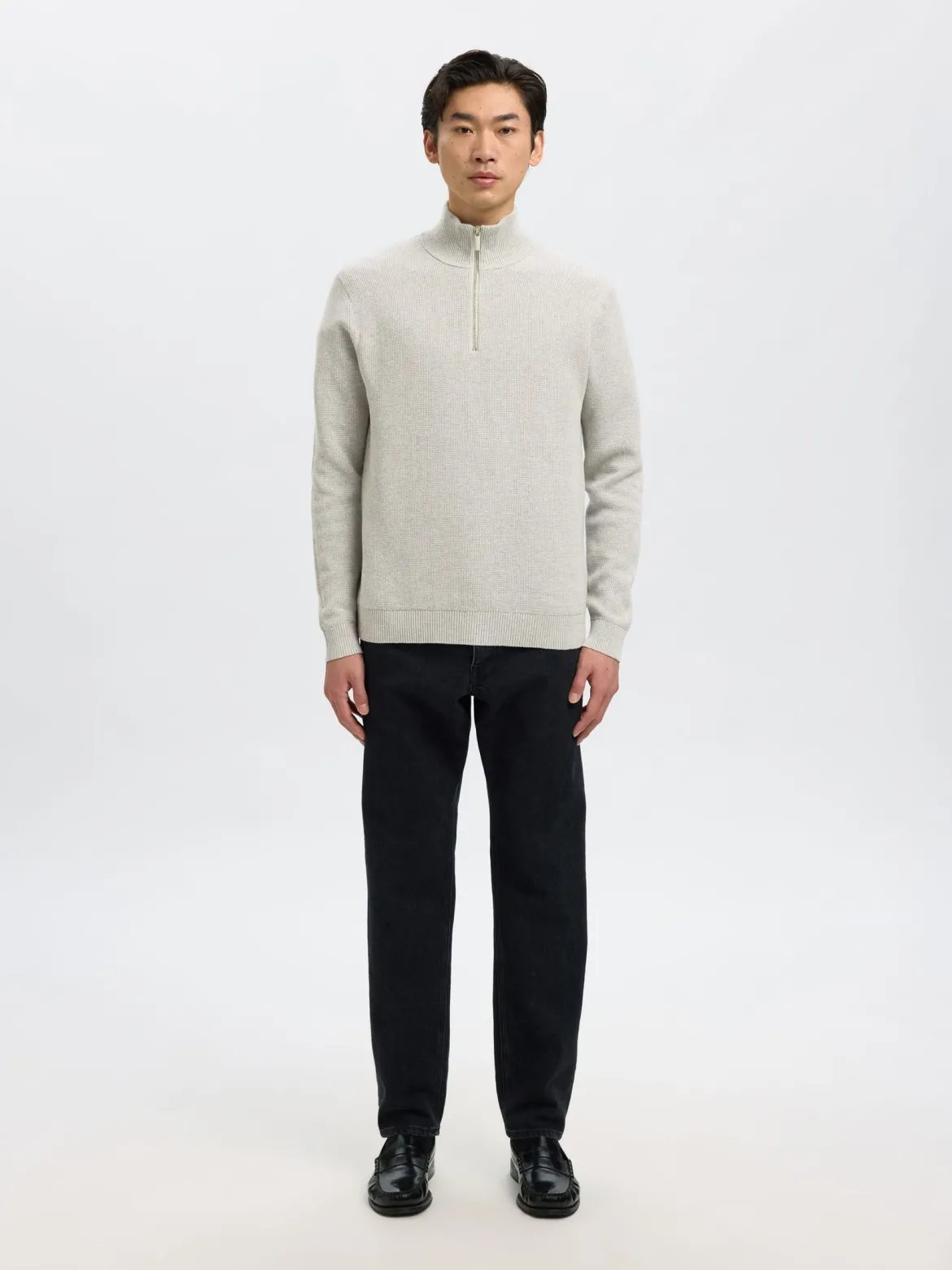 Selected miesten neulepusero K SLHDANE LS KNIT STRUCTURE HALF ZIP NOO, Light Grey Melange