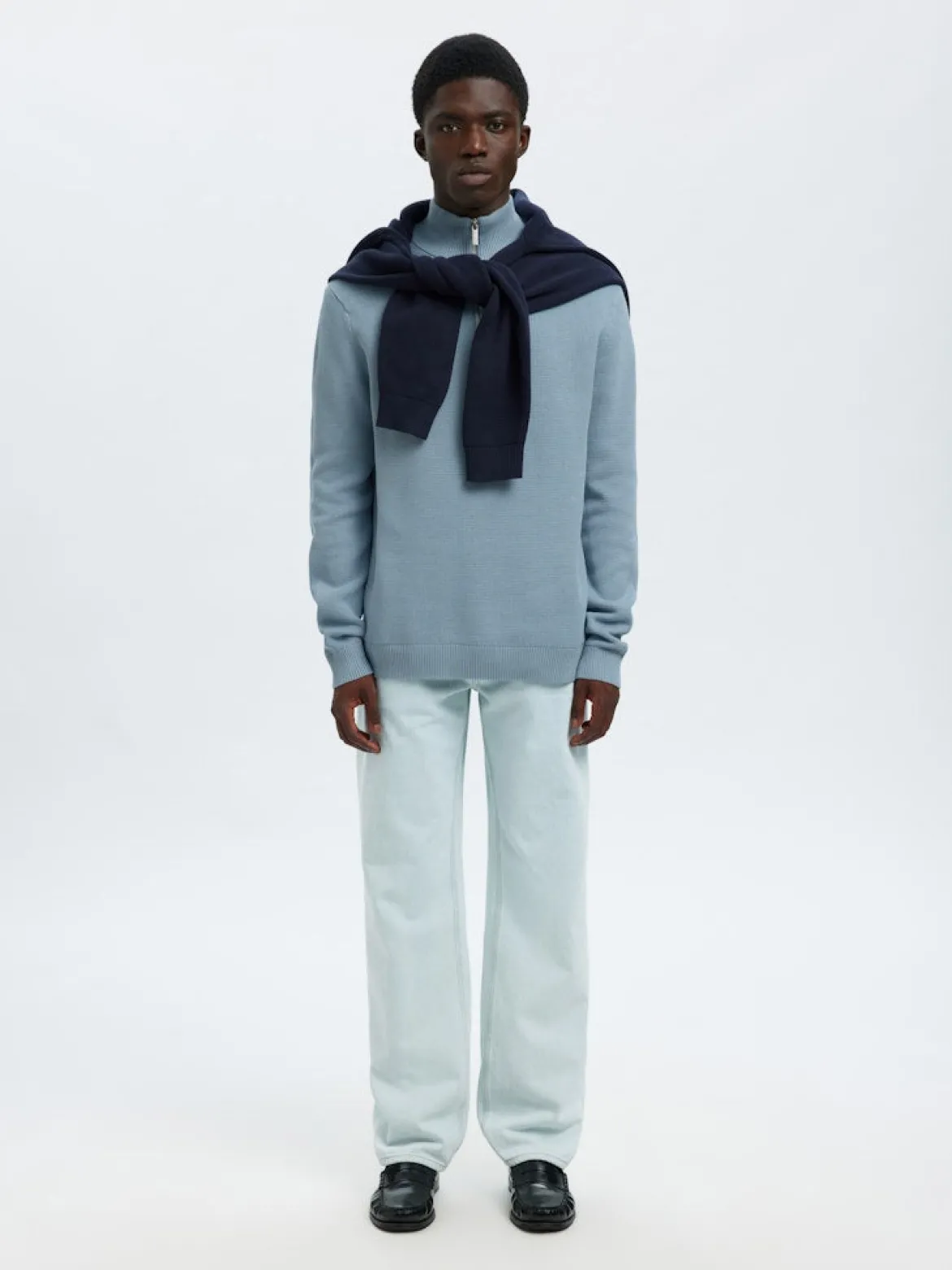Selected Miesten Neulepusero DANE LS KNIT STRUCTURE HALF ZIP, Dusty Blue
