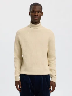 Selected miesten neulepusero K DANE LS KNIT STRUCTURE ROLLNECK NOS, oatmeal