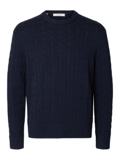 Selected miesten neulepusero Braun Knit Cable Crew, Navy Blazer