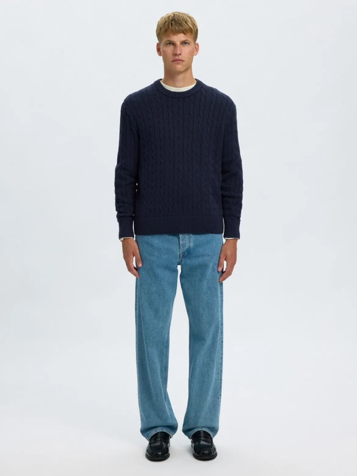 Selected miesten neulepusero Braun Knit Cable Crew, Navy Blazer