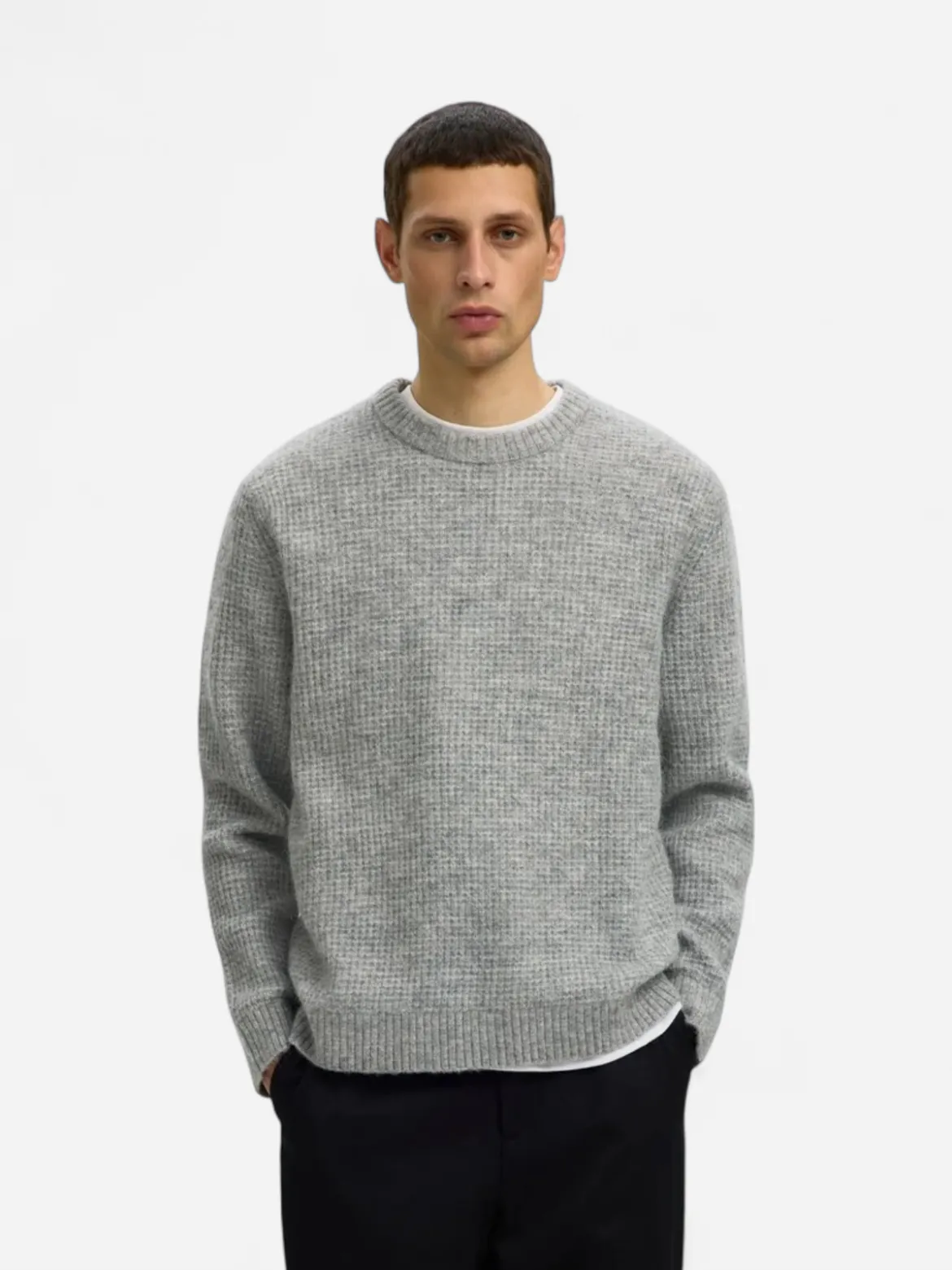 Selected miesten neulepusero Rai, Light Grey Melange