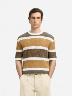 Selected miesten paita, GINGER SS KNIT RELAXED STRIPE Raidallinen Ruskea