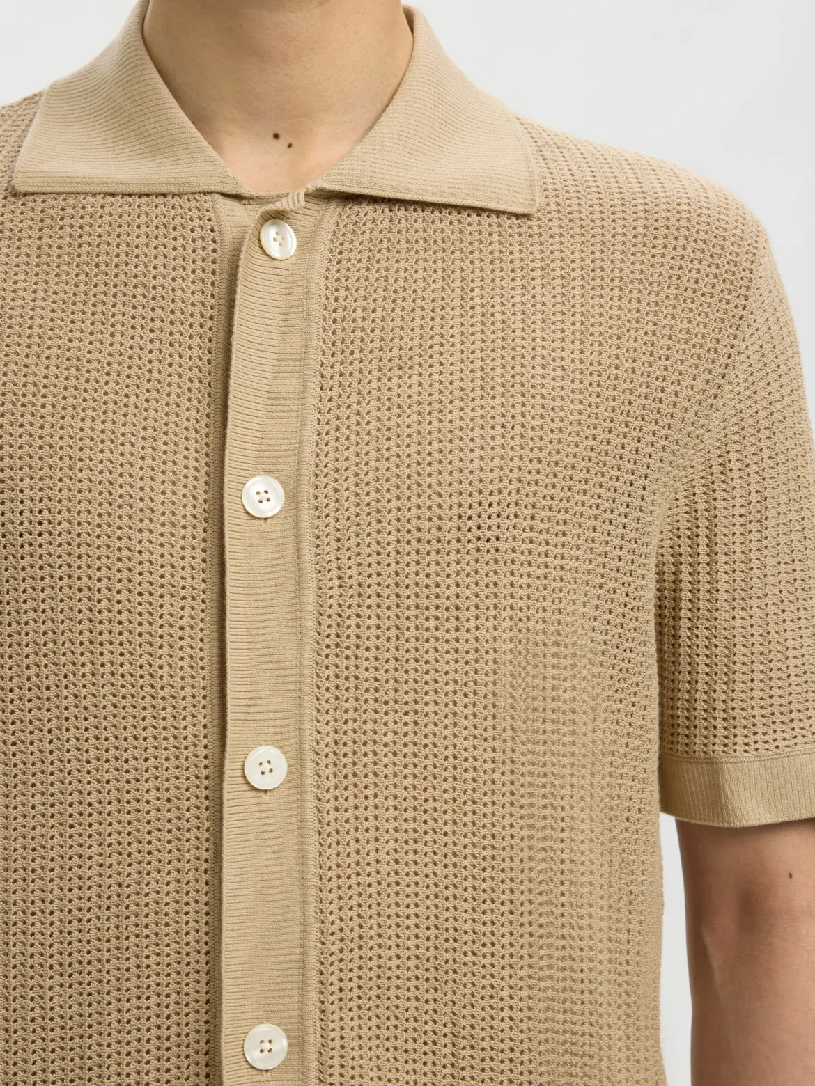 Selected miesten paita Open Struc Polo Cardigan, White Pepper