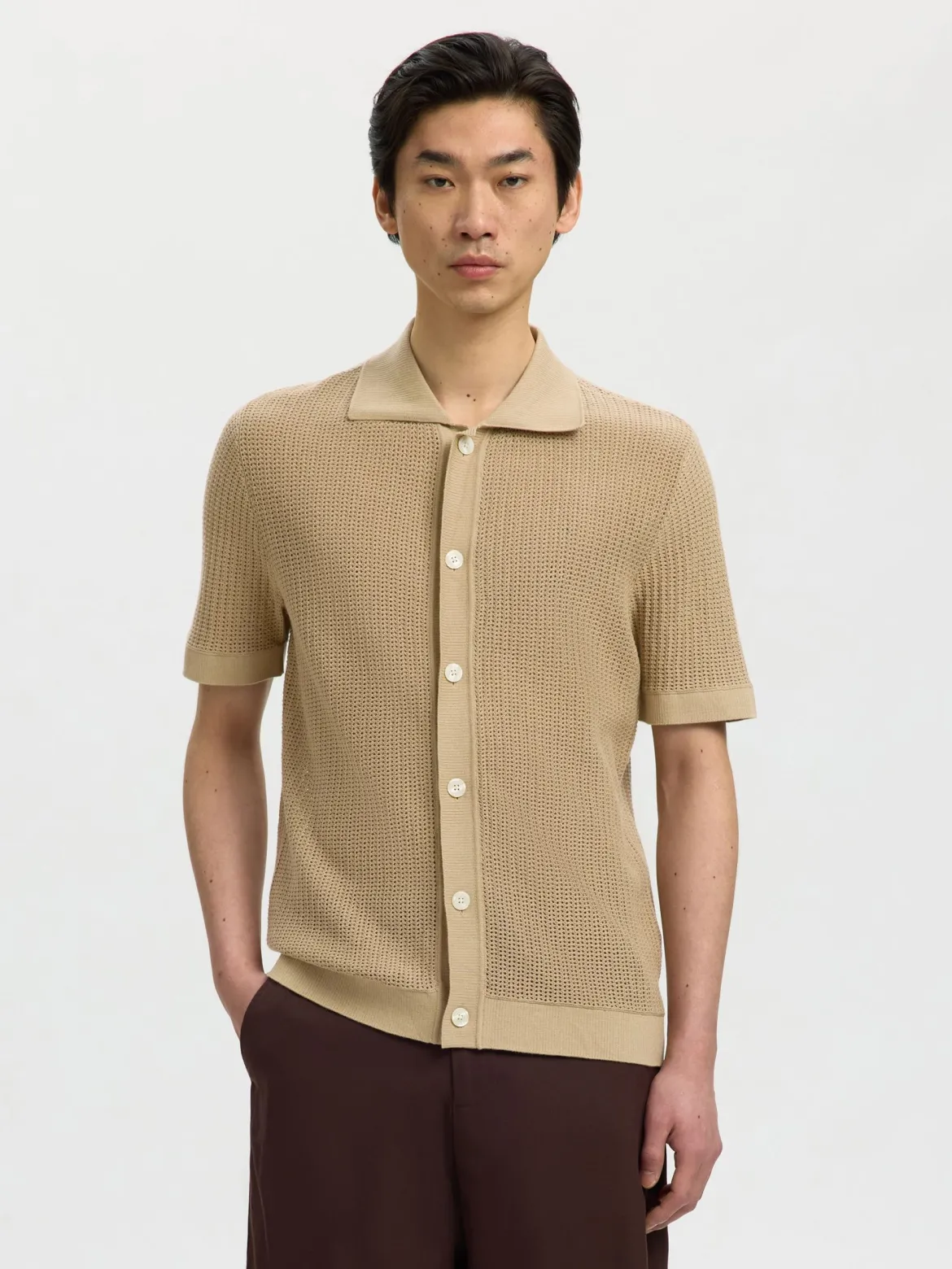 Selected miesten paita Open Struc Polo Cardigan, White Pepper
