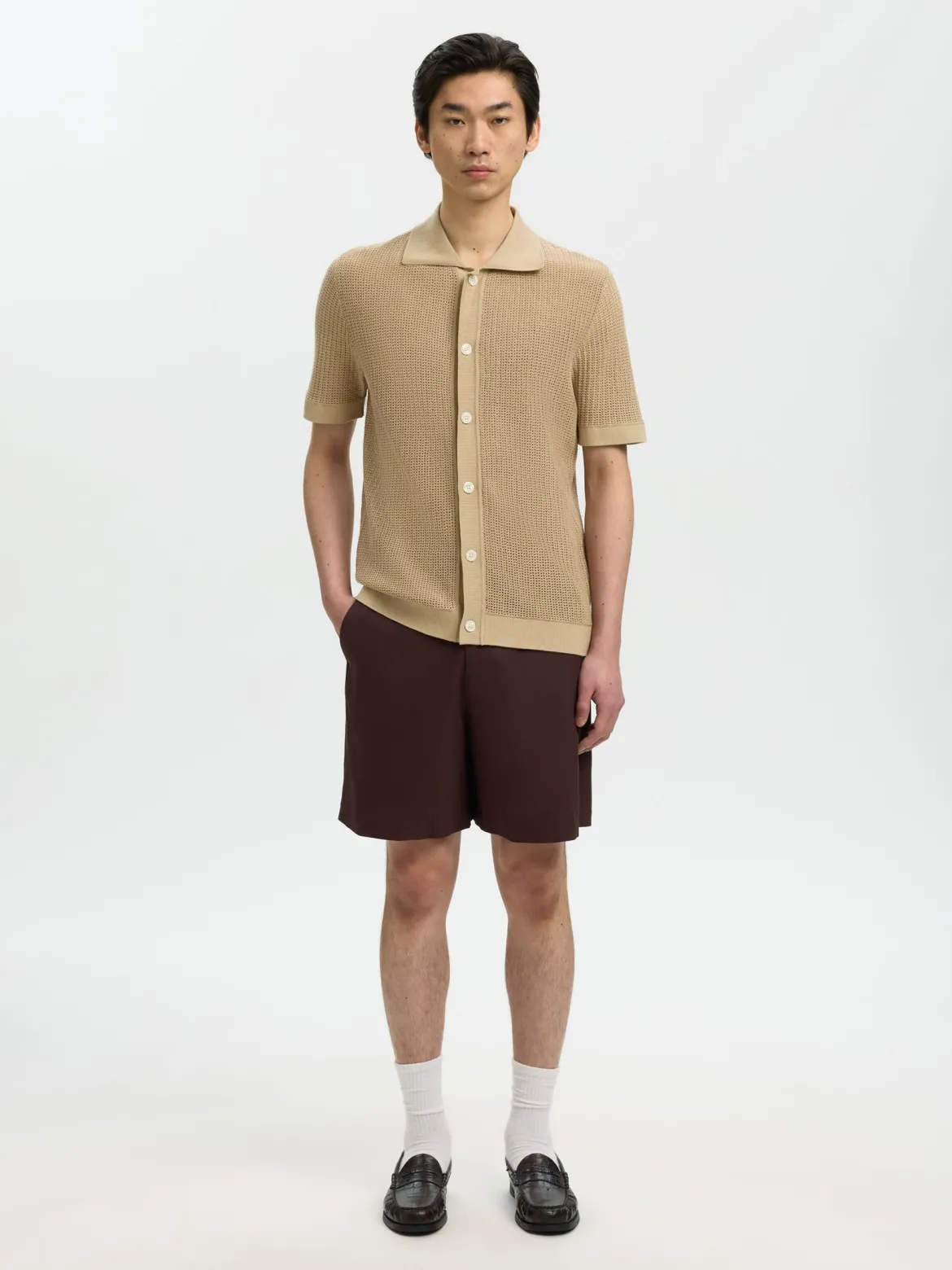 Selected miesten paita Open Struc Polo Cardigan, White Pepper