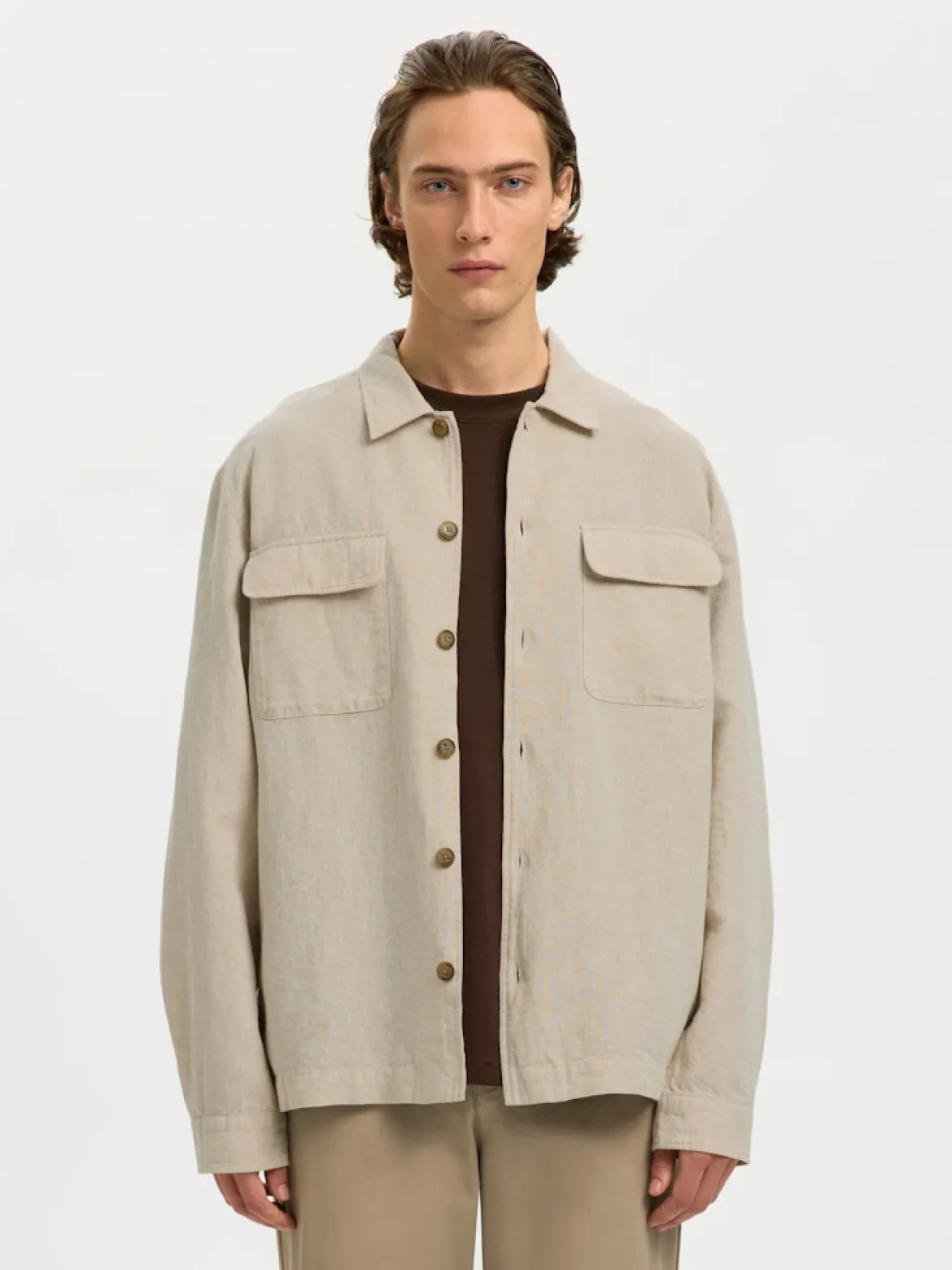 Selected miesten paitatakki SLHLEROY Linen Blend Overshirt, Pure Cashmere