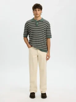 Selected miesten pikeepaita SLHDane SS Knit Color Structure Polo, Balsam Green Stripes