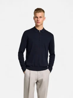 Selected miesten pitkähihainen pikeepaita, SLHBERG LS HALF ZIP POLO Tummansininen