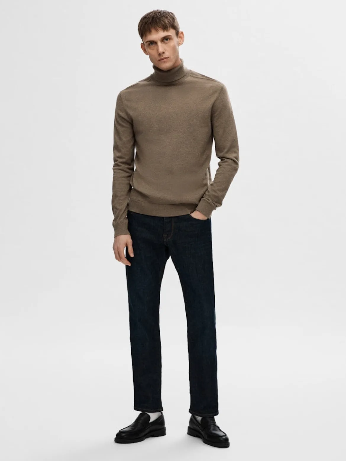 Selected Miesten Pooloneule Berg Roll Neck NOOS, Teak Melange
