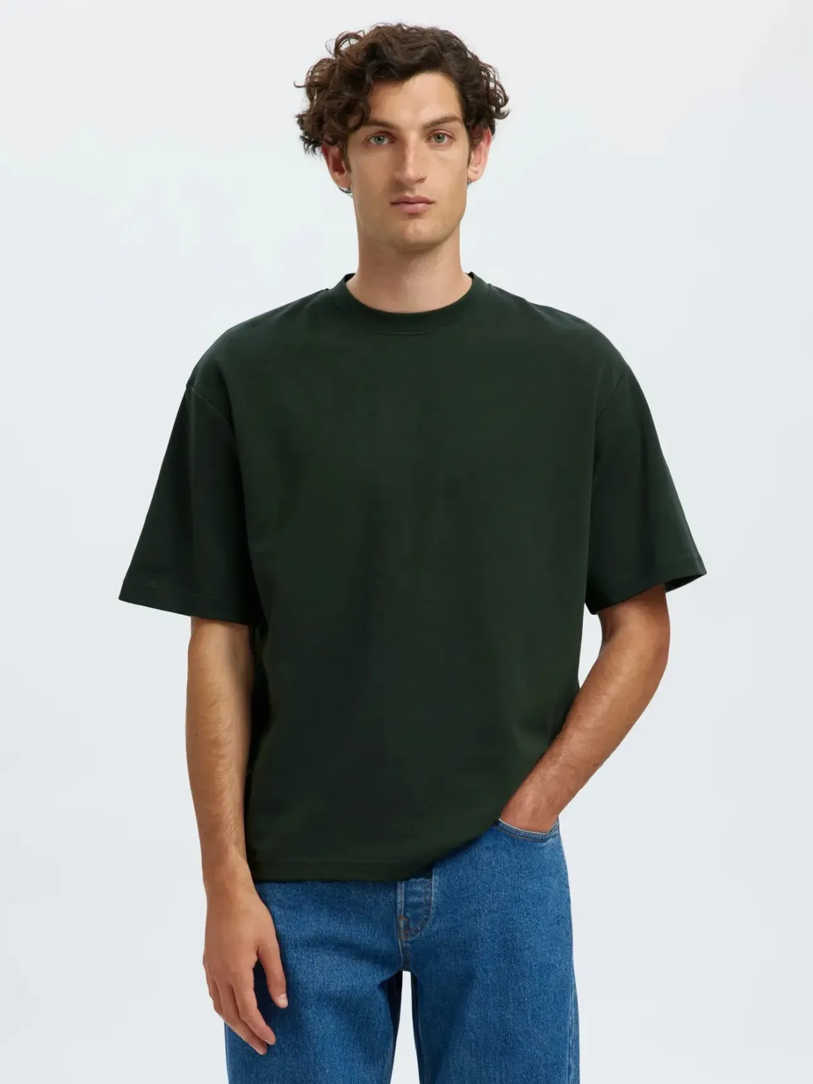Selected miesten t-paita, LOOSE OSCAR SS O-NECK Deep Forest