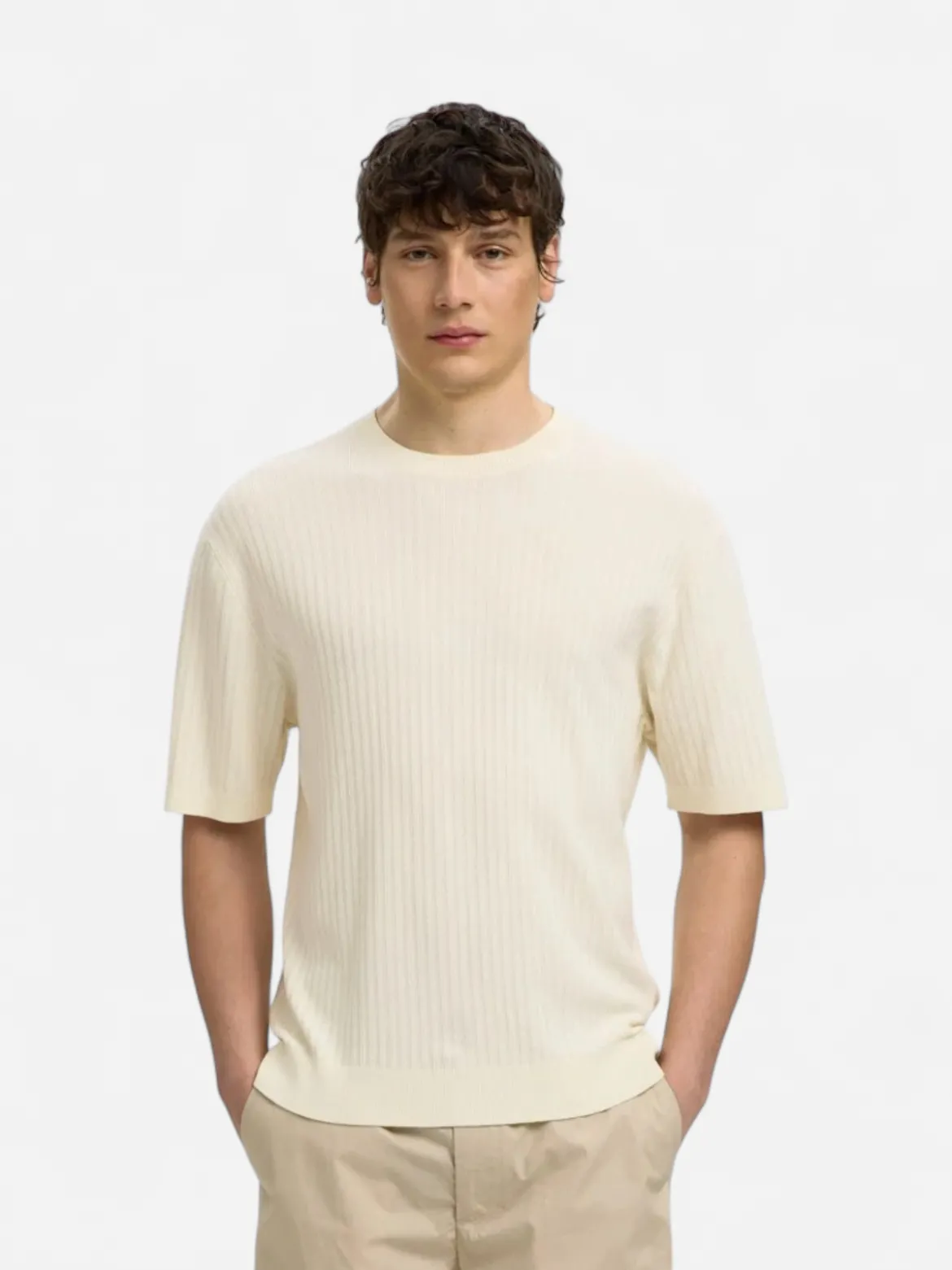 Selected miesten t-paita Structured Short Sleeved Shirt, Egret