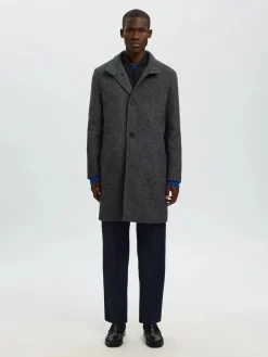 Selected miesten villakangastakki SLHRAINAR Wool Blend Coat, tummaharmaa kuosillinen