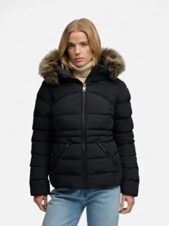 Superdry naisten toppatakki Fuji Faux Fur Hood Padded Jacket, musta