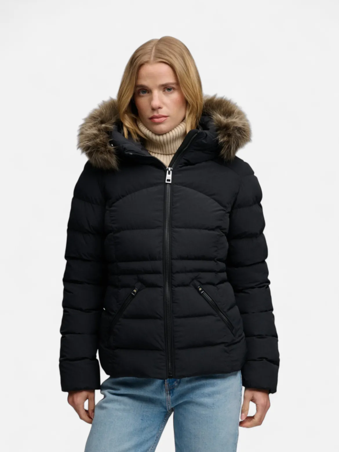 Superdry naisten toppatakki Fuji Faux Fur Hood Padded Jacket, musta