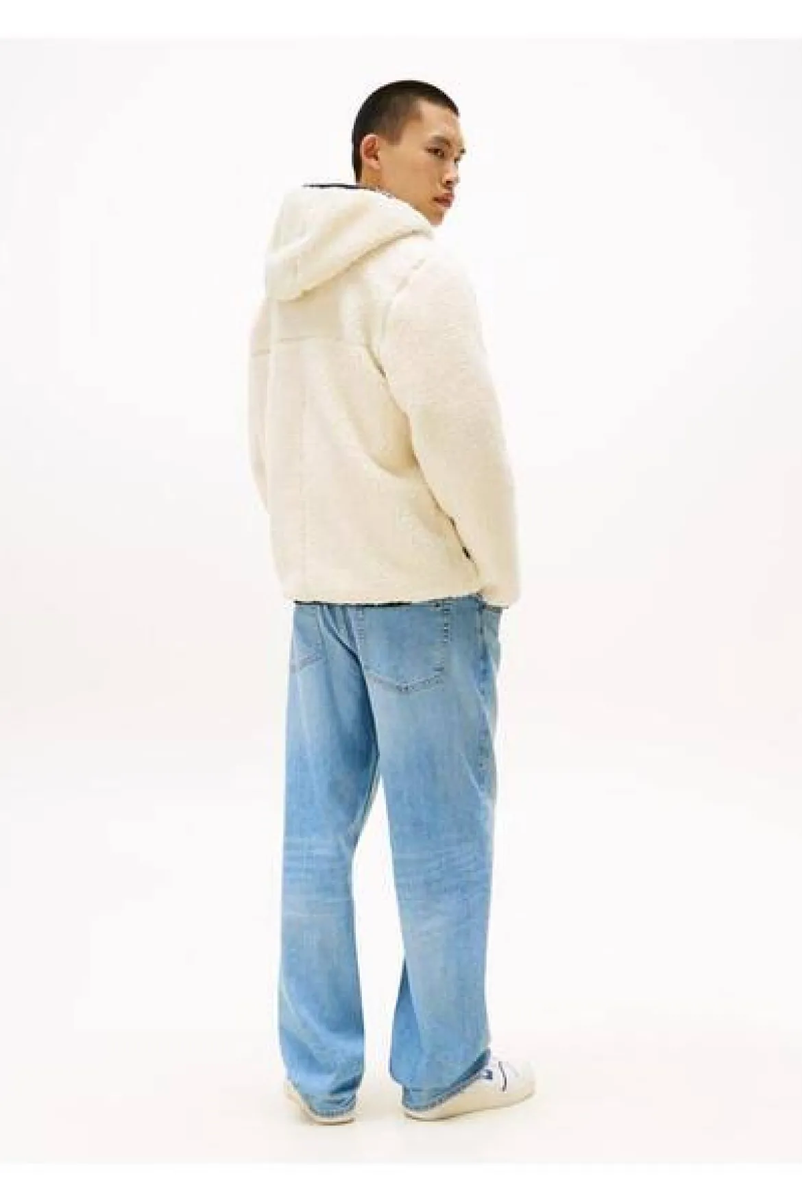 Tommy Jeans miesten fleecetakki Badge Teddy Zip-Thru Hoody, kerma