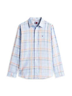 Tommy Jeans miesten kauluspaita Relaxed Fit Check Linen Blend Shirt, sininen kuosi