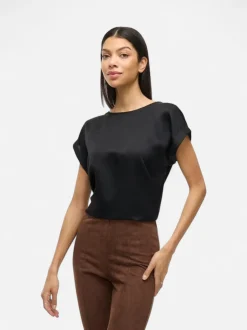 Vila lyhythihainen toppi, VIELLETTE S/S SATIN TOP Black