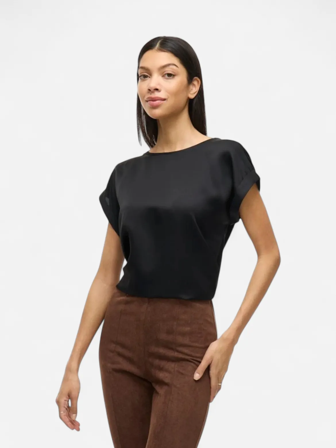 Vila lyhythihainen toppi, VIELLETTE S/S SATIN TOP Black