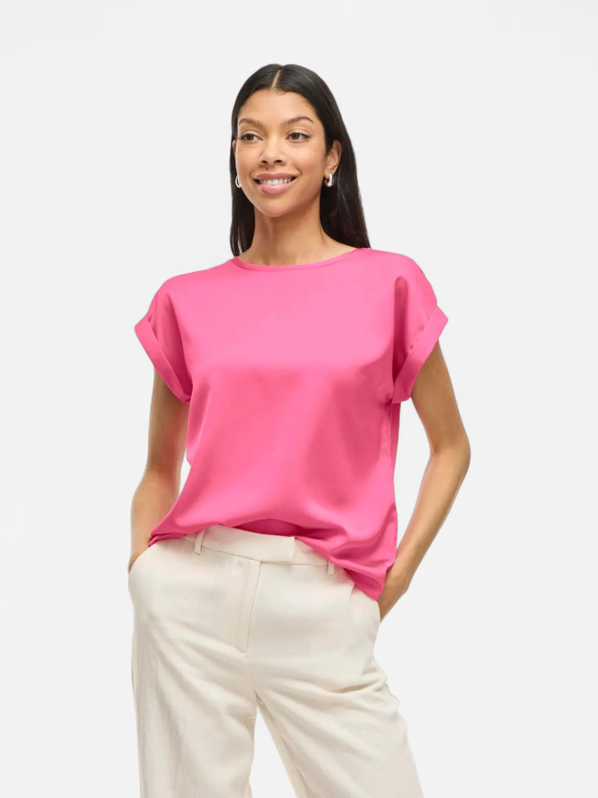 Vila naisten lyhythihainen toppi K-Viellette S/S Satin Top - NOOS, Sangria Sunset