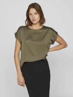 Vila naisten lyhythihainen toppi K-Viellette S/S Satin Top - NOOS, Dusty Olive