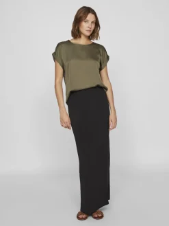 Vila naisten lyhythihainen toppi K-Viellette S/S Satin Top - NOOS, Dusty Olive