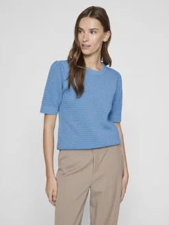 Vila naisten neulepusero, VIDALO O-NECK S/S KNIT TOP Vaaleansininen
