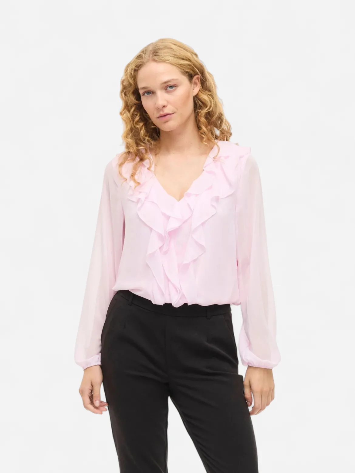 Vila naisten pusero Viane L/S V-Neck Frill Top, Cherry Blossom