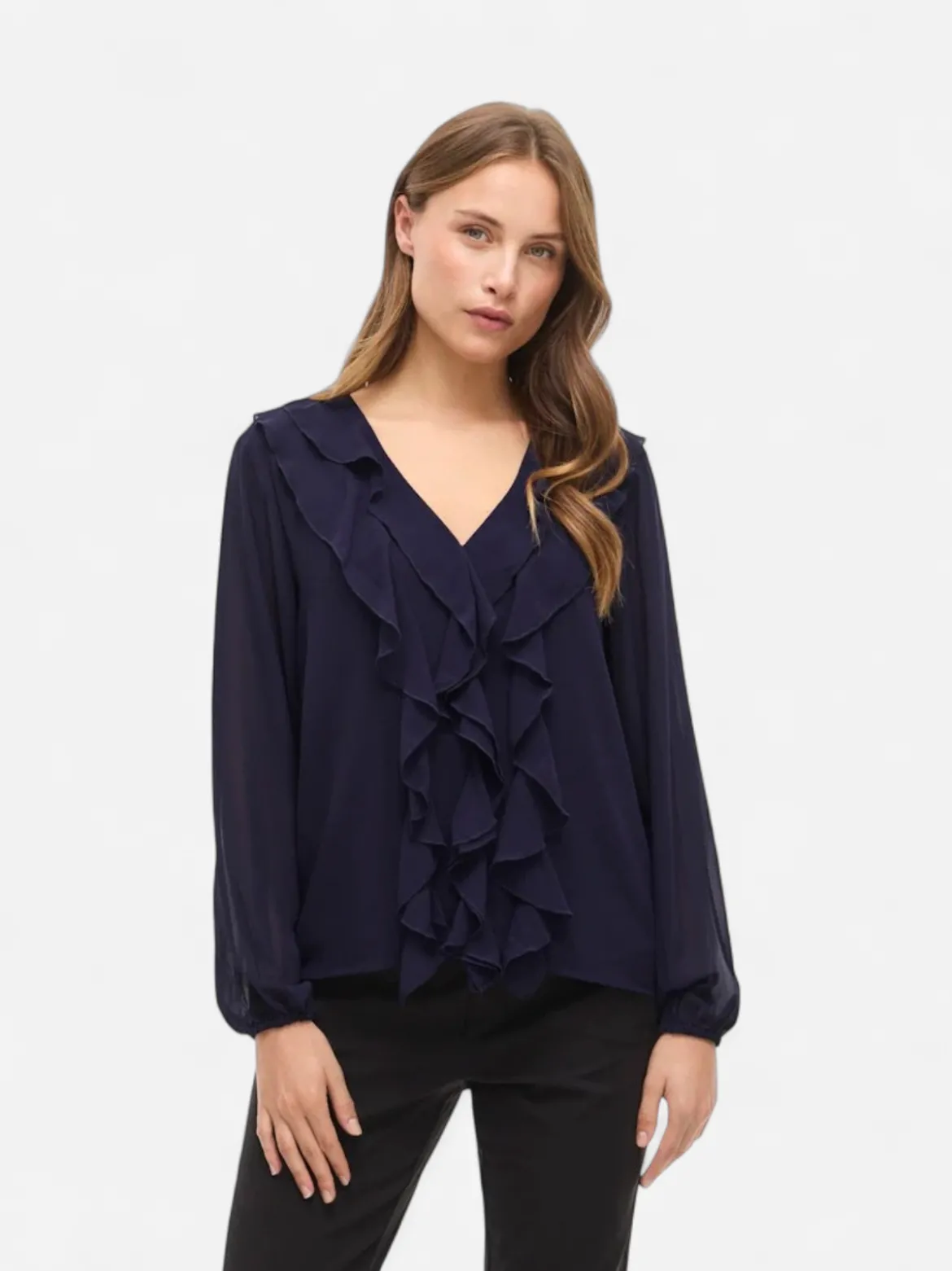 Vila Naisten Pusero Viane V-Neck Frill Top, Rhodonite
