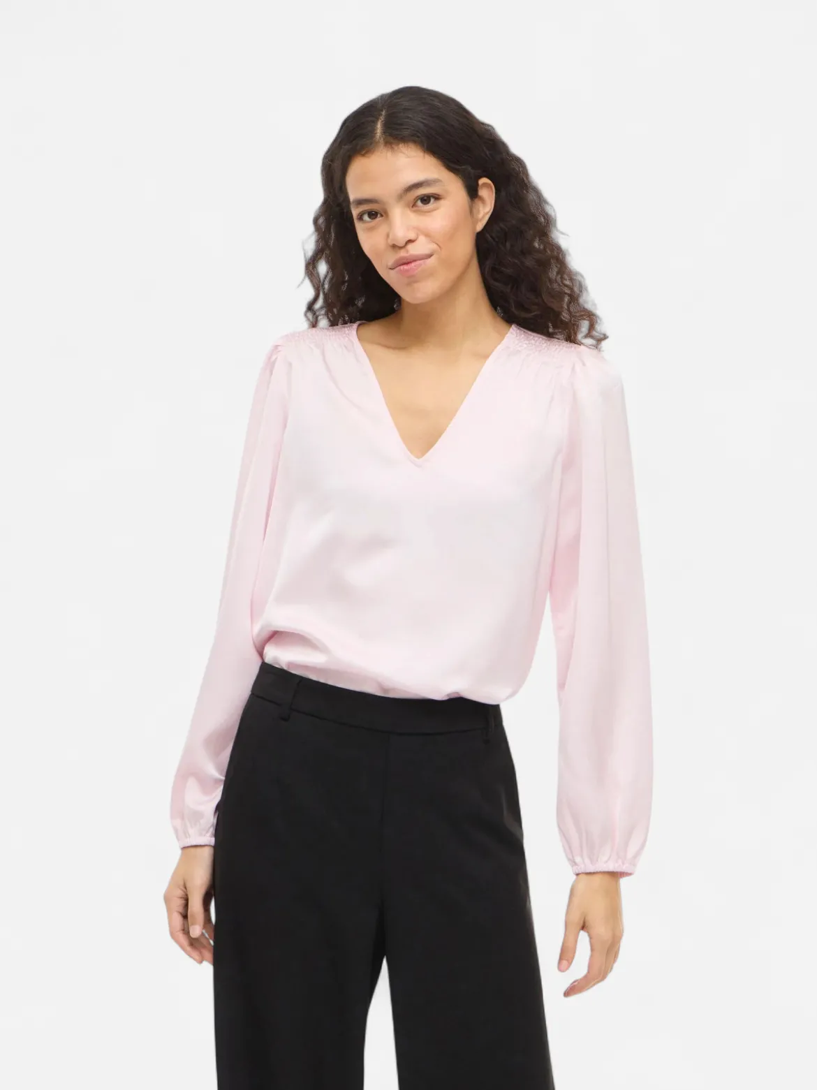 Vila naisten pusero Vielette L/S Smock Satin Top, Cherry Blossom