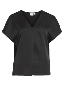 Vila naisten satiinitoppi, VIELLETTE V-NECK S/S SATIN TOP Musta