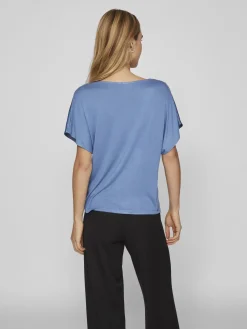 Vila naisten satiinitoppi, VIELLETTE V-NECK S/S SATIN TOP Sininen