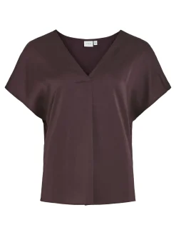 Vila naisten satiinitoppi, VIELLETTE V-NECK S/S SATIN TOP Viininpunainen