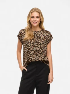 Vila naisten toppi, VIELLETTE S/S FULL SATIN TOP Caramel Café Leo