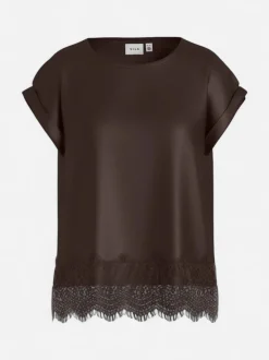 Vila naisten toppi, VIELLETTE S/S FULL SATIN LACE TOP NOOS Coffee Bean
